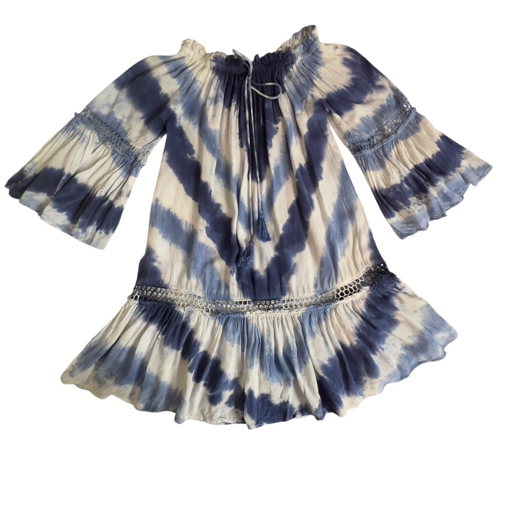 BOHO Me Navy Tie Dye Front‎ Tie Tassels Flare Sleeves Tunic Crochet Lace Size XS